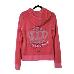 Vintage Juicy Couture Pink Velour Glitter Crown Full Zip Hoodie M Y2K